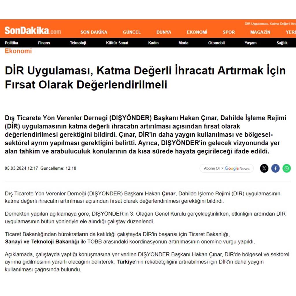 Dışyönder Yönetim Kurulu Başkanımız Dr. Hakan Çınar'ın DİR hakkında basında çıkan demeçleri