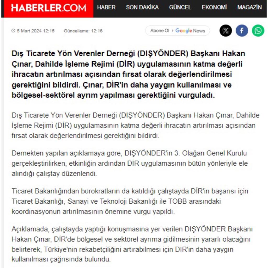 Dışyönder Yönetim Kurulu Başkanımız Dr. Hakan Çınar’ın DİR hakkında basında çıkan demeçleri